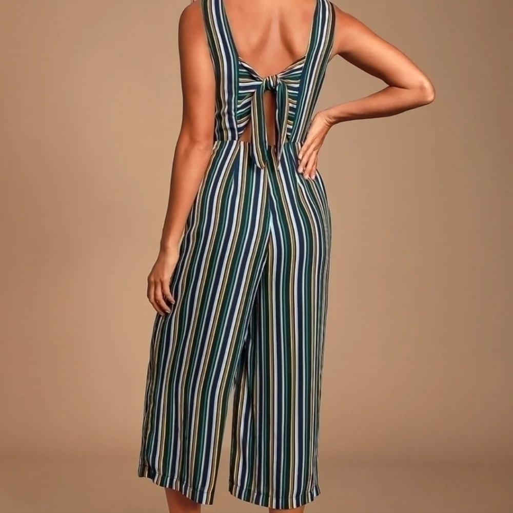 LULUS Allyson Navy Blue Multi Striped Tie-Back Culotte Jumpsuit, SZ Small Lulus